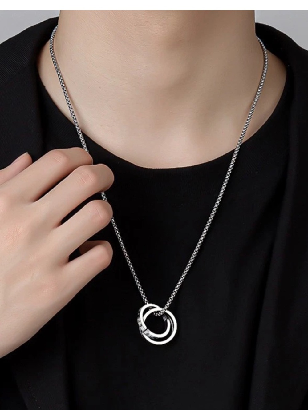 Anti-Fade Dual Ring Pendant Stainless Steel Necklace Men's Fashion Jewelry